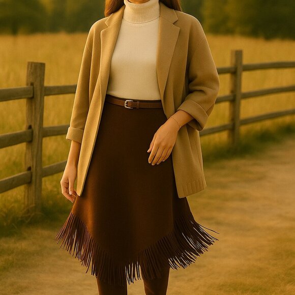 Peruvian Connection Baby Alpaca Wool Fringe Skirt in Chestnut Truffle Brown - Picture 8 of 9
